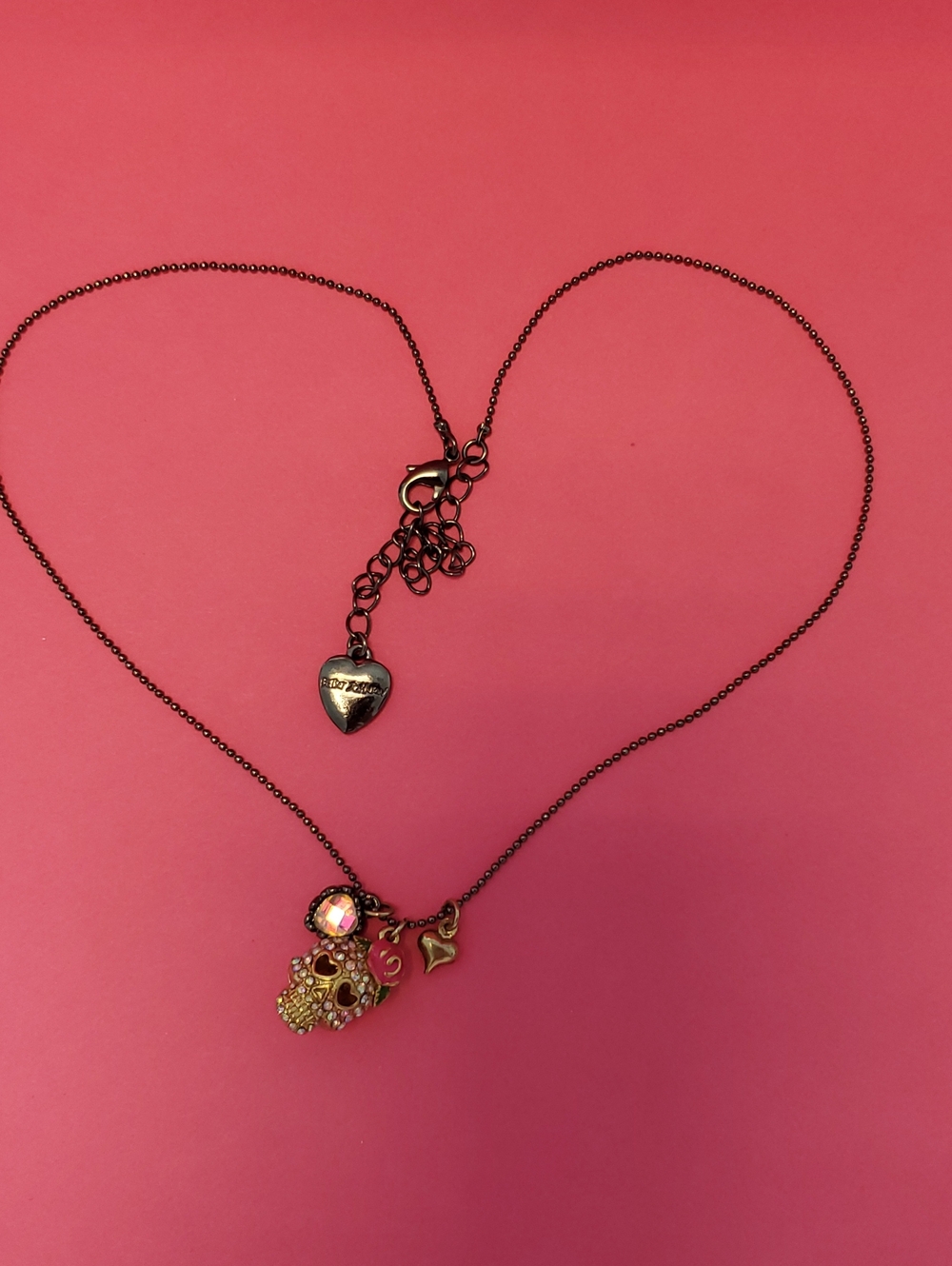 Betsey Johnson Gold-Tone Skull Necklace with Pink Crystal & Heart Charms